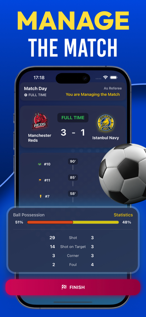 Referee Simulator : Soccer - Una pantalla de aplicación móvil para Referee Simulator Soccer que muestra estadísticas del partido, incluyendo marcador, posesión del balón y tiros después del tiempo reglamentario.