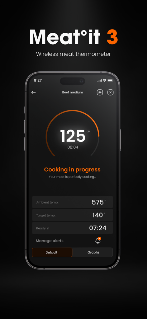 Meat°it 3 Meat Thermometer - Écran de smartphone montrant l'application Meat it 3 surveillant la progression de la cuisson du bœuf avec des données de température