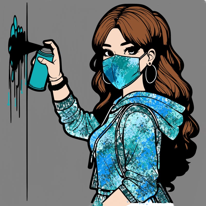 realistic girl with mask spray painting a wall