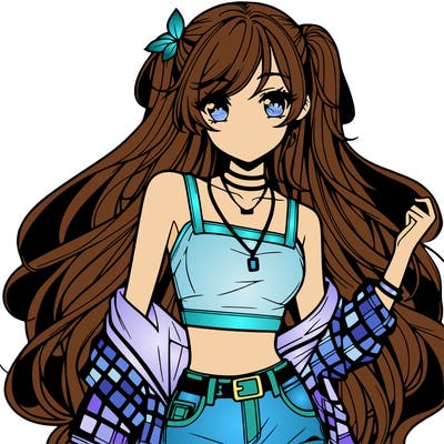 hot anime girl with long hair wearing a crop top and jorts