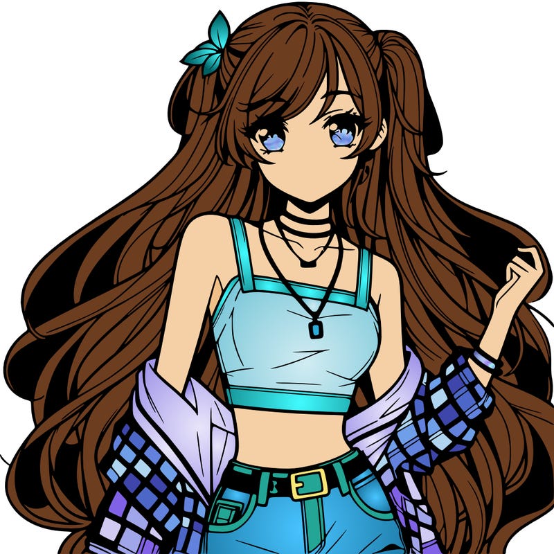 hot anime girl with long hair wearing a crop top and jorts