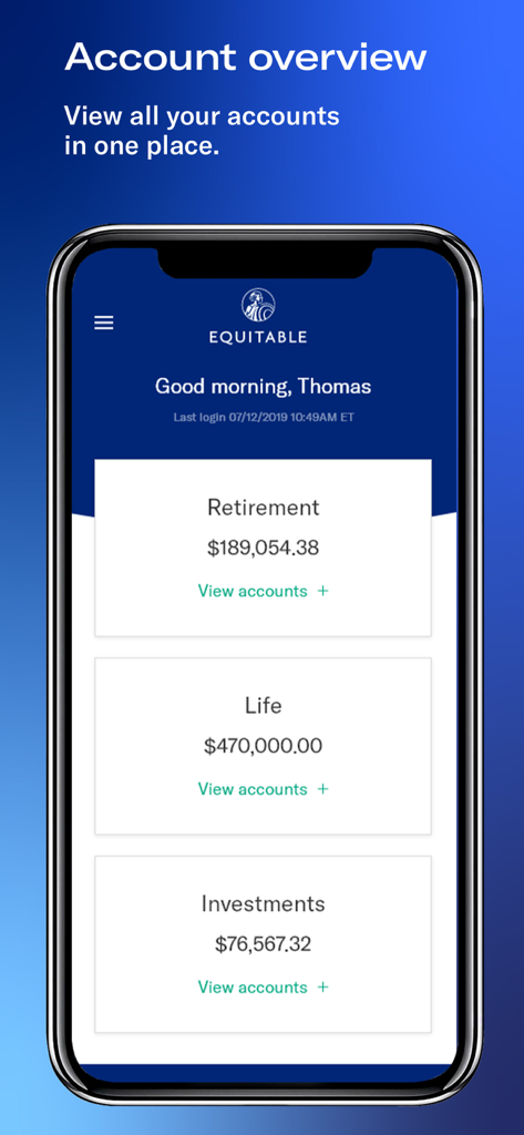 Account overview screen of the Equitable Mobile App showing retirement, life insurance, and investment account balances.