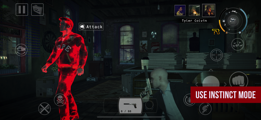 Hitman: Absolution - Agent 47 using Instinct Mode to highlight a target in Hitman Absolution