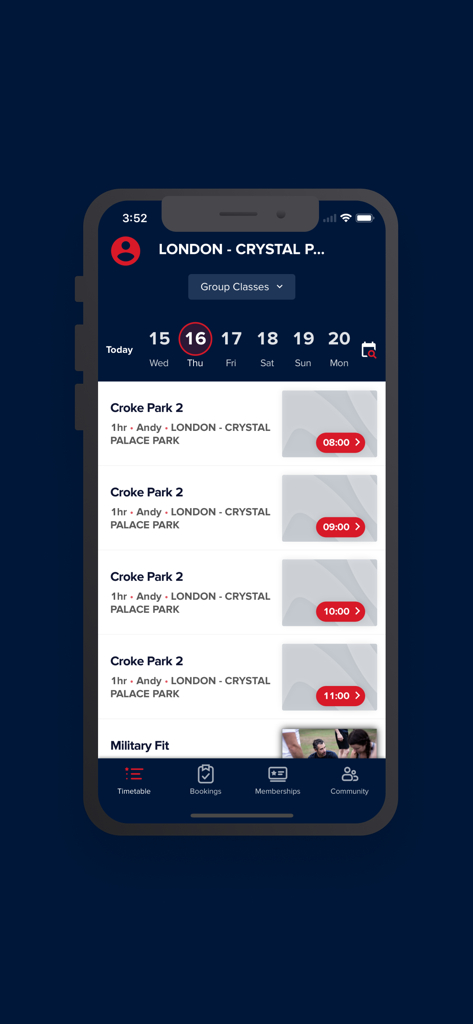 BMF app timetable screen showing group fitness classes for booking in London
