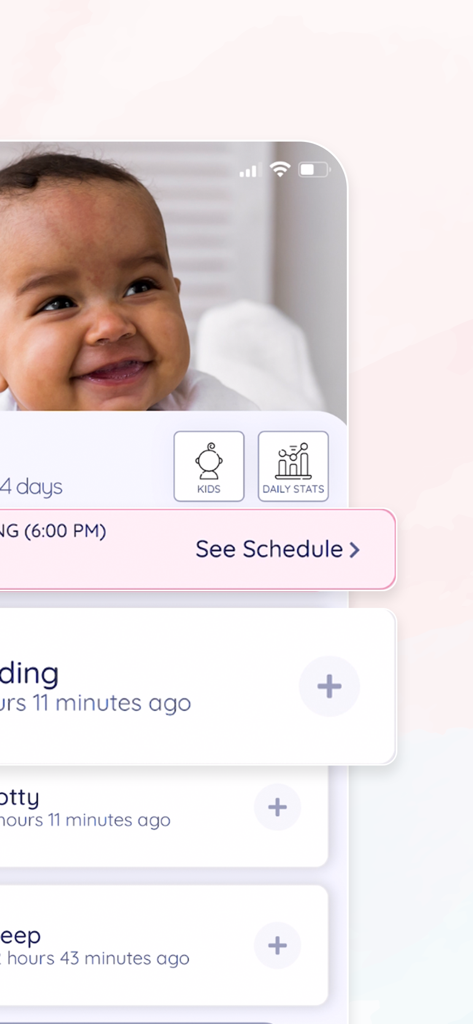 Moms on Call Scheduler app dashboard showing baby activity logs for feeding sleep and potty