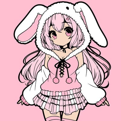 pretty anime girl wearing a fluffy hoodie with bunny ears on the hood and a skirt
