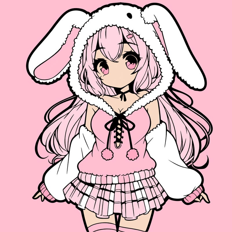 pretty anime girl wearing a fluffy hoodie with bunny ears on the hood and a skirt