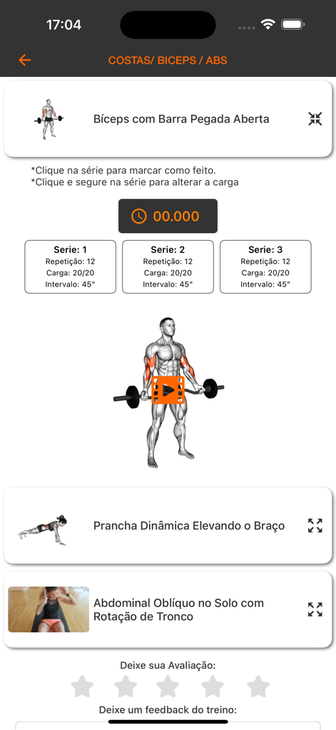Interface of Avaliação Física PRO app showing a fitness workout prescription for biceps curls with sets and exercise video