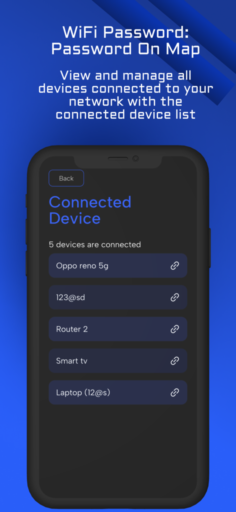 Free WiFi Password: WiFi Tool - A smartphone screen displaying a list of devices connected to a WiFi network.