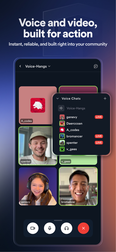 Root: Built for Community - Mobile interface of Root app displaying a multi-person video and voice call with a participant list