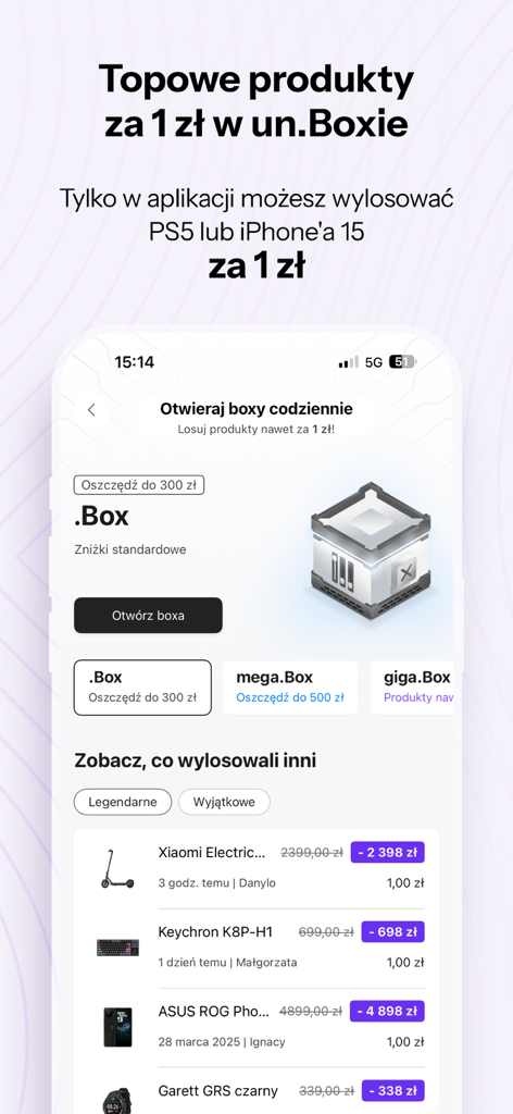 x-kom mobile app interface showing the un.Box gamified shopping feature with electronics deals for one zloty