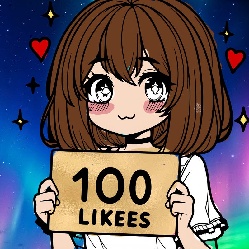 anima girl holding a 100 likes sign in her hand