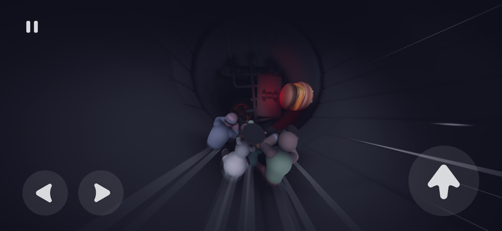 Populus Run - Un grupo de personajes corriendo por un túnel oscuro esquivando una hamburguesa gigante en Populus Run.