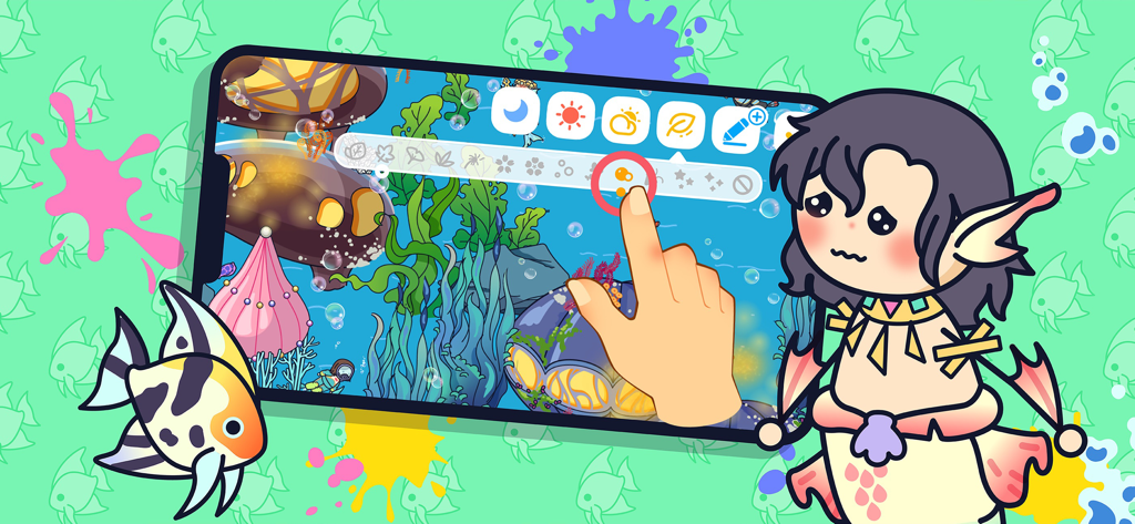 Topia City Life: Avatar World - Una mano che interagisce con il menu di personalizzazione del mondo sottomarino nell'app Topia City Life.