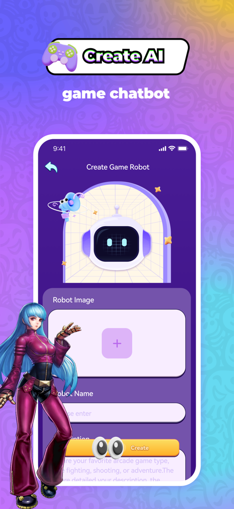 Froliv - Video Call，Have Fun - Froliv app interface for creating a custom AI game chatbot featuring an anime character and purple aesthetic