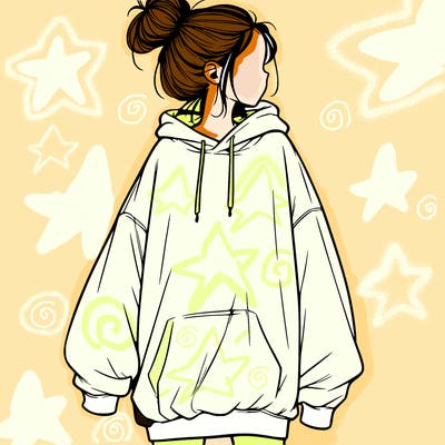 realistic girl with a oversized sweatshirt on and a bun