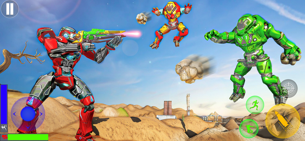 Robot Car Transform Wars Games - A red robot shooting a laser weapon at a green mech in a desert battle arena.