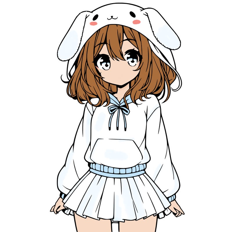 pretty anime girl wearing a fluffy hoodie with bunny ears on the hood and a skirt