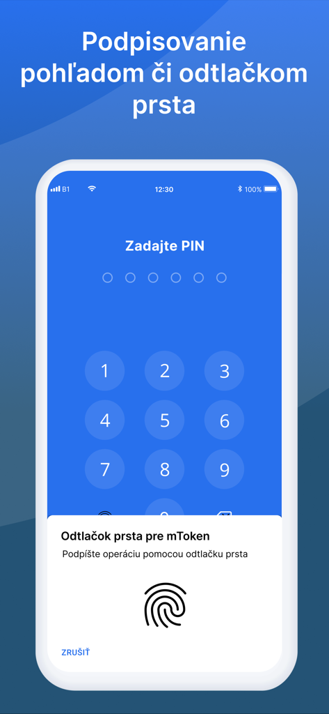 SLSP mToken mobile app showing PIN entry and fingerprint authentication prompt for secure banking