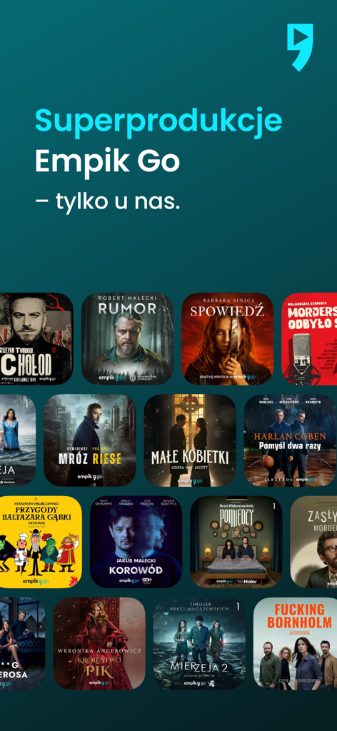 A collection of Polish audiobook and ebook covers available as superproductions on the Empik Go app.