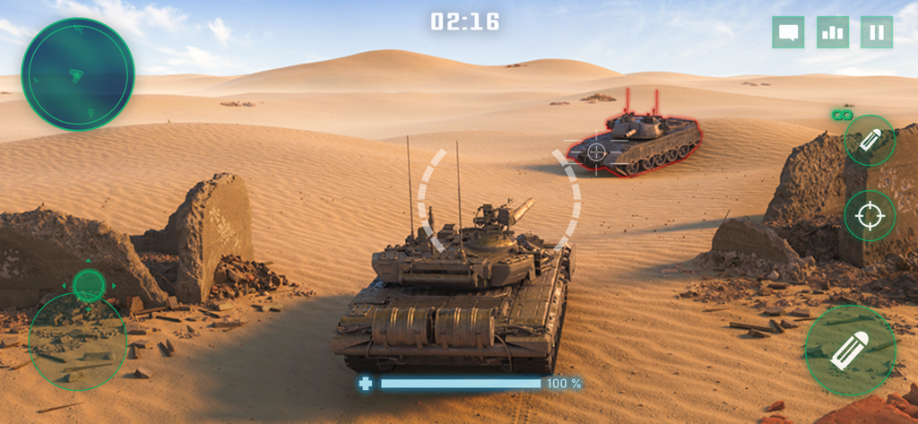 War Machines：Battle Tank Games - A modern tank aiming at an enemy in a desert combat arena in War Machines
