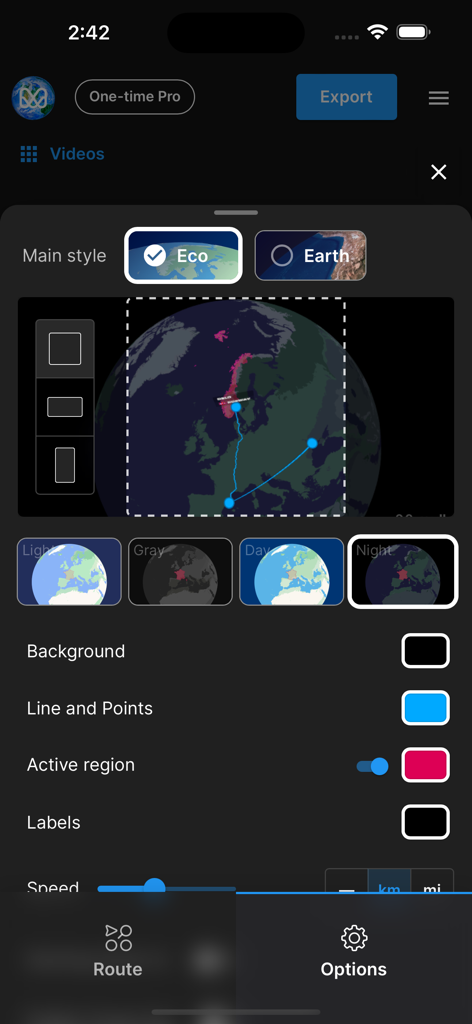 The customization menu of the Mult dev app showing map style presets and color options for animated travel routes