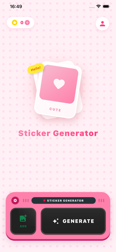 AI Sticker Maker - Interface principal do aplicativo AI Sticker Maker com tema rosa e uma ferramenta de Gerador de Adesivos com um ícone de coração e botão gerar