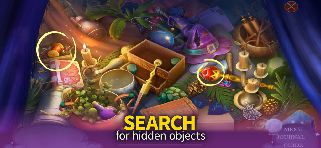 Eine Fantasy-Wimmelbild-Suchszene in ReDrawn The Tower mit einem Zaubererhut, Kerzen und magischen Artefakten