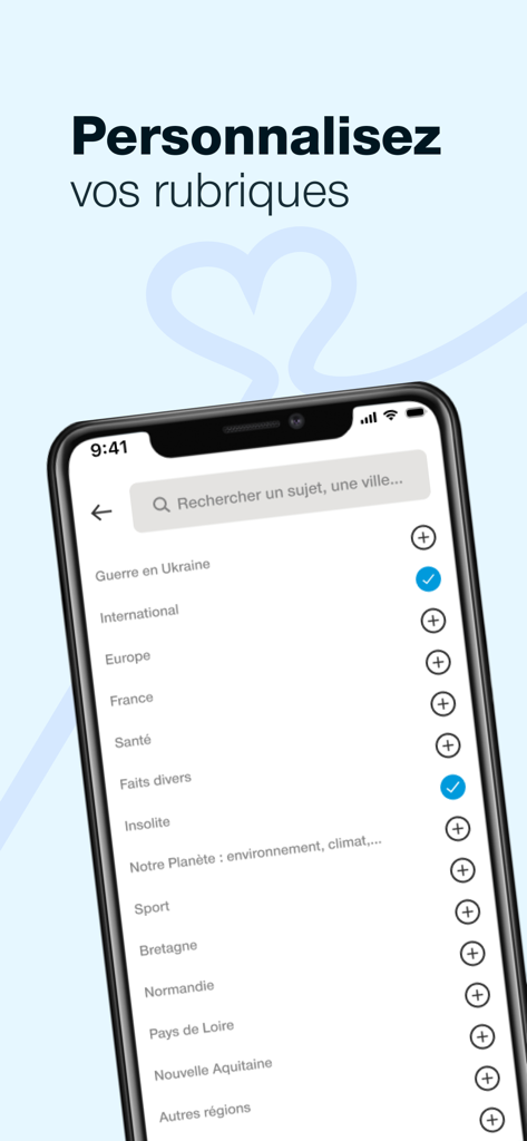 Interface mobile de l'application Le Maine Libre pour la sélection des sujets d'actualité favoris