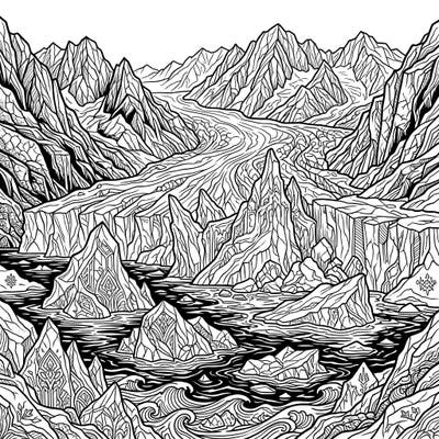 Explore the powerful beauty of nature with this intricate tidewater glacier coloring page. Featuring a dramatic Gothic aesthetic, it's perfect for those seeking a majestic and mysterious artistic challenge.