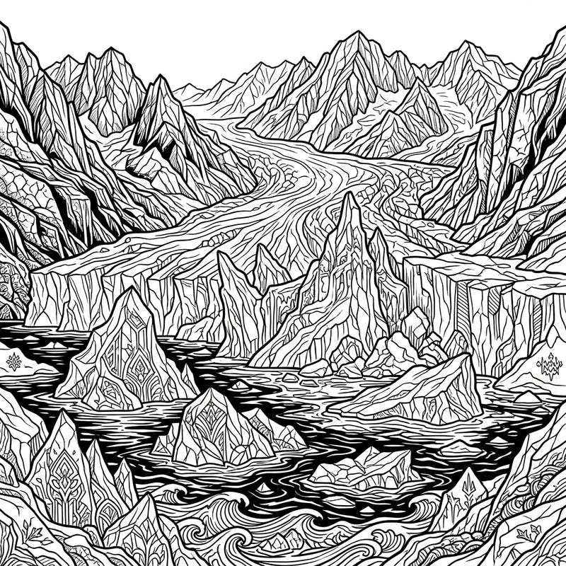 Explore the powerful beauty of nature with this intricate tidewater glacier coloring page. Featuring a dramatic Gothic aesthetic, it's perfect for those seeking a majestic and mysterious artistic challenge.