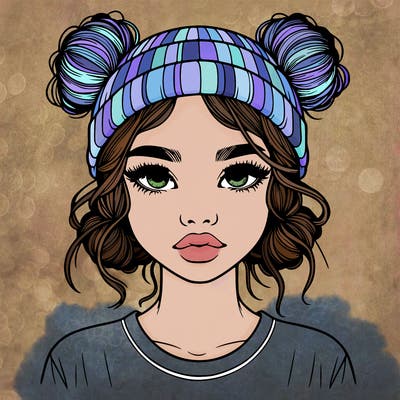 realistic girl with buns in her hair with a beanie on