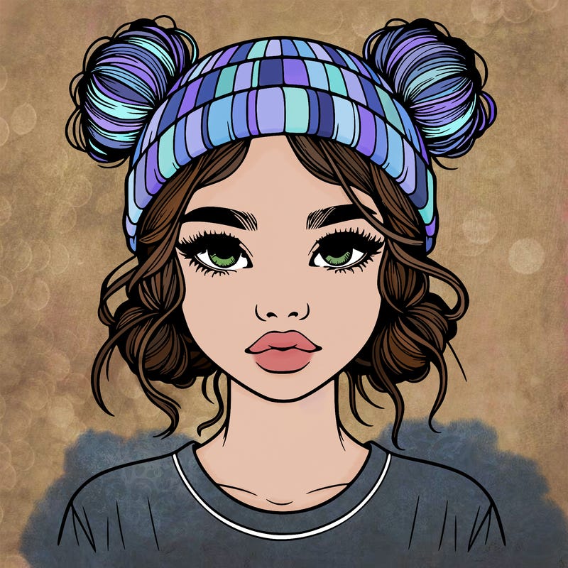 realistic girl with buns in her hair with a beanie on