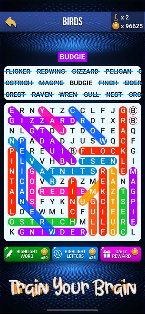 Wow Search: Classic Words Game - Gameplay screenshot of Wow Search word puzzle game showing a bird themed level with colorful highlights