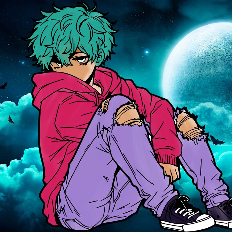 a male hoddie ripped jeans messy hair anime