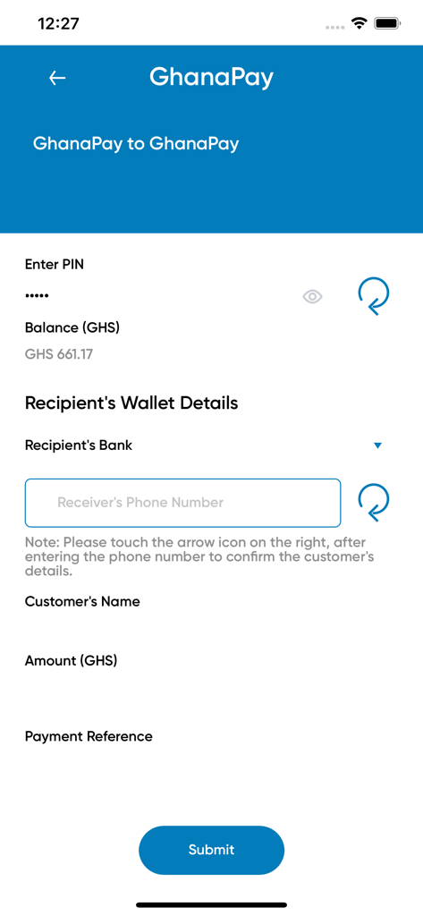 GhanaPay Customer - Mobile app screen for GhanaPay to GhanaPay money transfers showing recipient details and balance in GHS