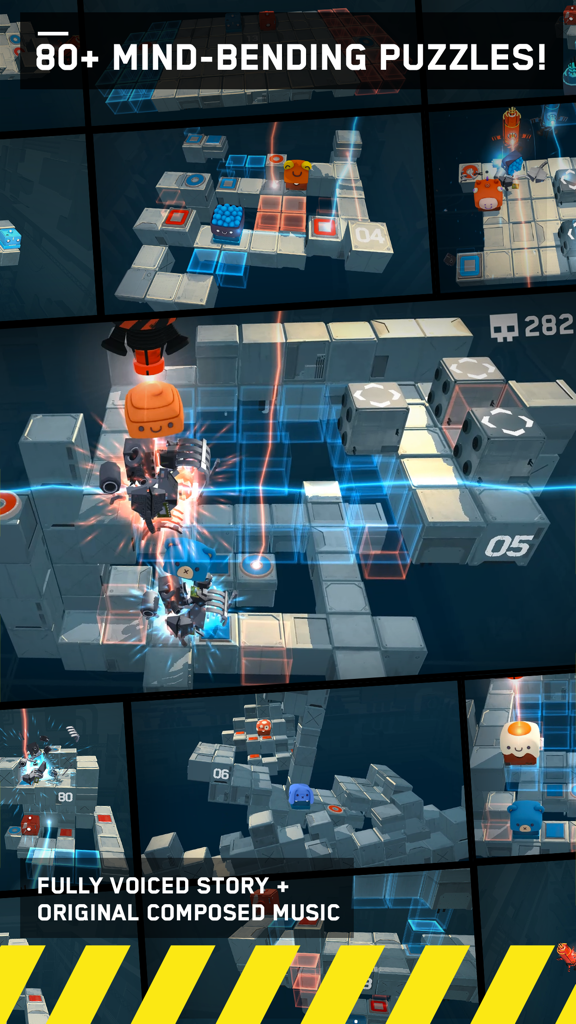 Death Squared (RORORORO) - Una colección de capturas de pantalla de Death Squared que muestra a robots navegando por entornos de rompecabezas isométricos en 3D.