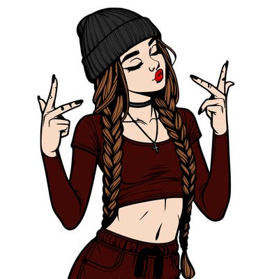 realistic teenage girl with braids and a beanie and crop top doing 🫶🏼