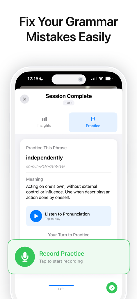 Fluent AI: Learn English - A mobile screen from the Fluent AI app showing an English pronunciation and grammar practice session.