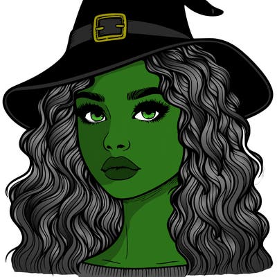 realistic girl with wavy hair a witch hat and a nose and lips and eyes