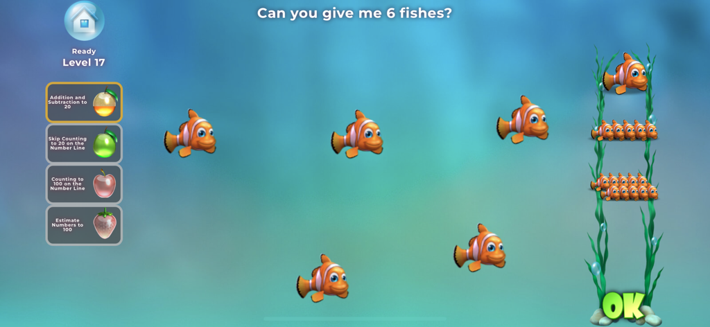 Interactive counting game with clownfish in the Elephant Learning Math Academy app.