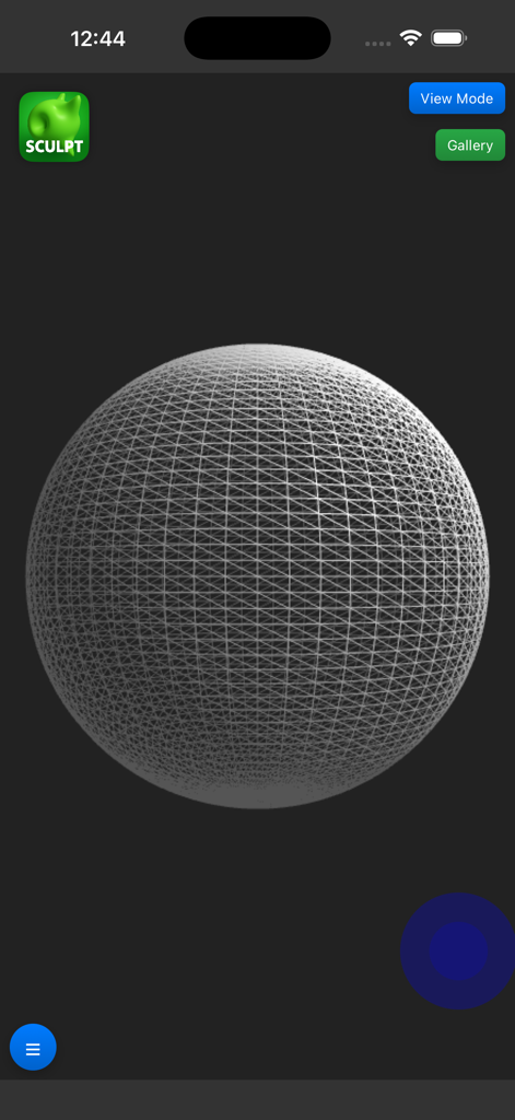 Une sphère filaire 3D affichée dans l'interface de l'application Sculpt It en mode sombre.