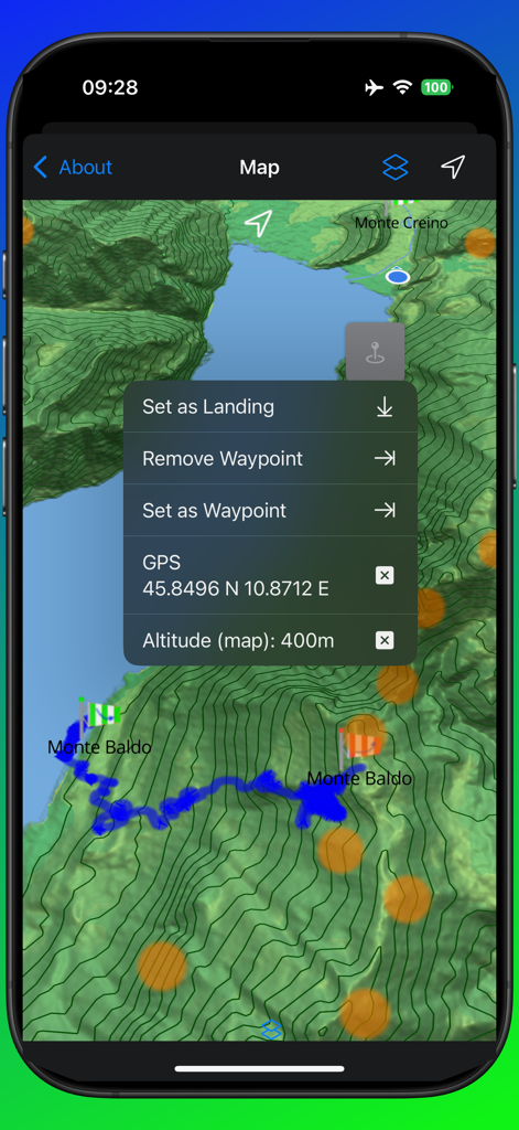 eVario2  - Variometer Pro - Mapa de vuelo topográfico con menú de selección de waypoints en la aplicación eVario2
