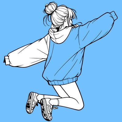 realistic girl jumping with a bun and oversized sweatshirt