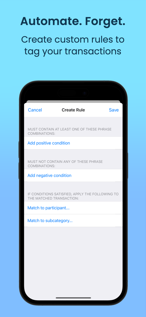 MoneyFlow App-Oberfläche auf dem iPhone, die den Bildschirm zur Erstellung benutzerdefinierter Regeln für die automatische Transaktionskennzeichnung und -kategorisierung anzeigt