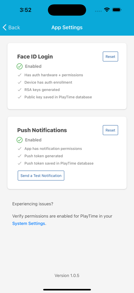 PlayTime Scheduler - App settings screen in PlayTime Scheduler displaying enabled Face ID login and push notification configurations.