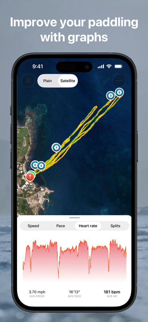 Paddle Logger: SUP & Kayaking - Una captura de pantalla de la aplicación Paddle Logger que muestra un mapa satelital con una ruta de remo registrada y un gráfico detallado de rendimiento de la frecuencia cardíaca.