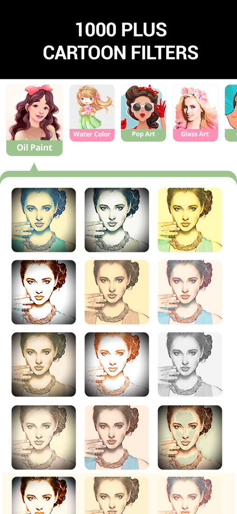 Photo To Cartoon Yourself Edit - Una colección de filtros de fotos de caricatura que incluyen estilos de pintura al óleo, pop art y acuarela aplicados a un retrato.