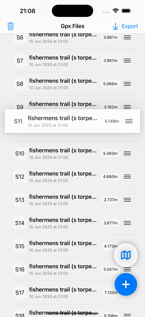 Merge GPX - A list of GPX trail segments being manually reordered within the Merge GPX app interface