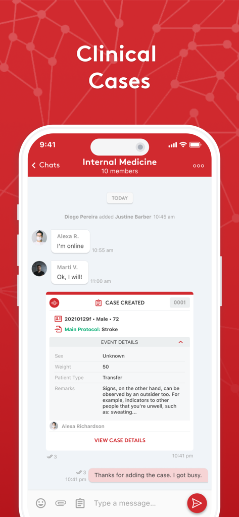 Join - Medical Communication - Secure chat interface for medical professionals showing a shared clinical case with stroke patient details